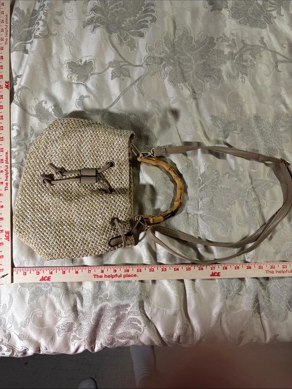 Woven Straw Crossbody Bag with Bamboo Handle - Taupe